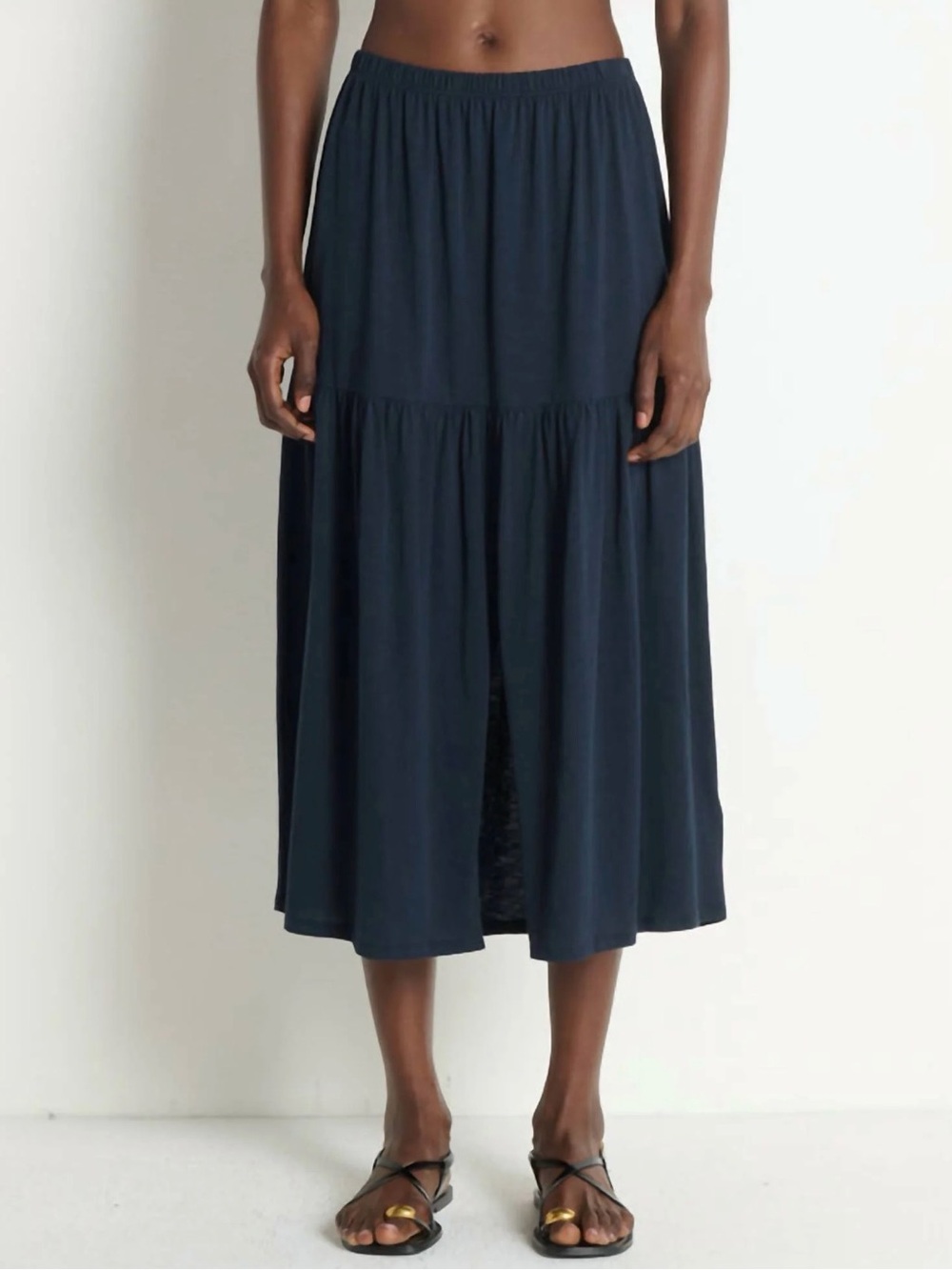 Nation LTD Navy Tiered Midi Skirt with Elastic Waist
